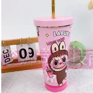 Pink Cartoon Tumbler with Straw